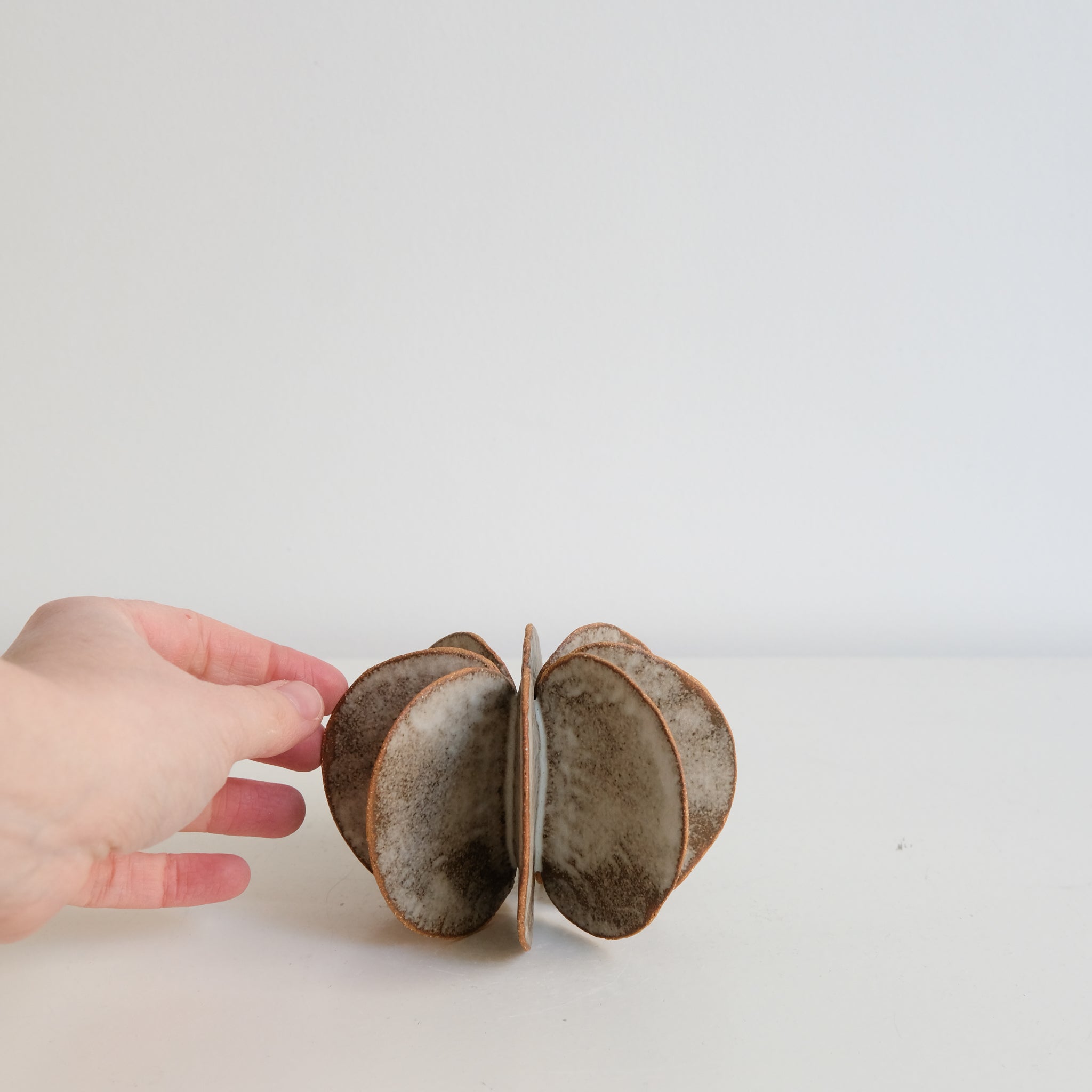 Objet Petale M en grès blanc D 10,8cm - brun mat de Motoko Saigo chez Brutal Ceramics