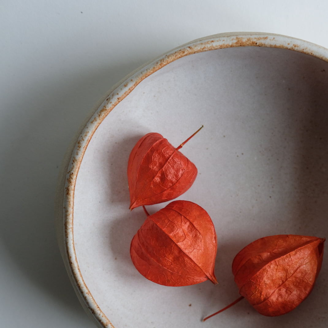 Assiette creuse en grès modelée par Albane Trollé dans son atelier près de Lille.