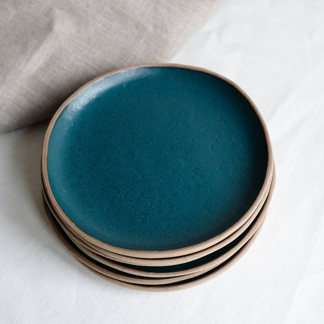 Assiette en grès roux vert bleu réalisé par la céramiste Judith Lasry