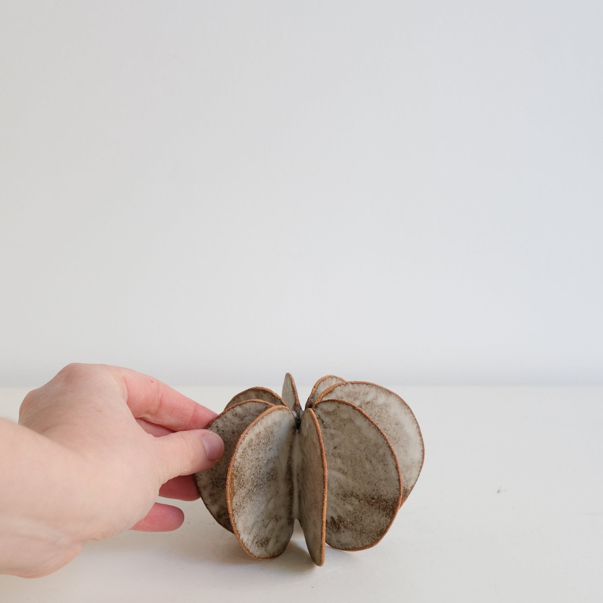 Objet Petale M en grès blanc D 10,8cm - brun mat de Motoko Saigo chez Brutal Ceramics