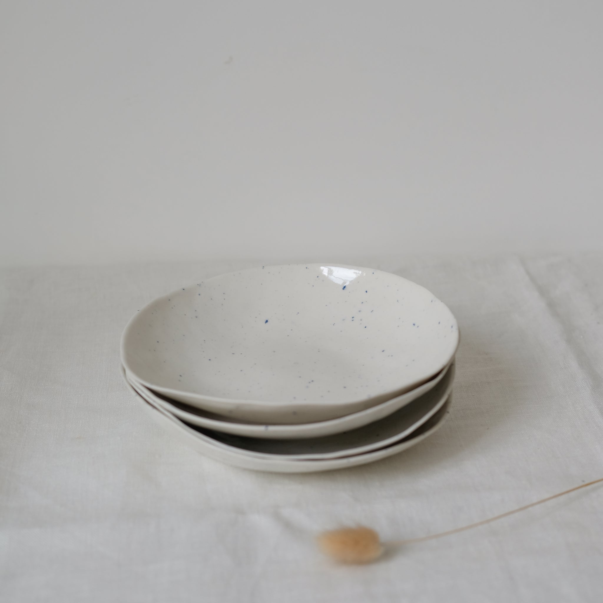 Assiette en porcelaine blanc moucheté bleu par la céramiste Elsa Haas