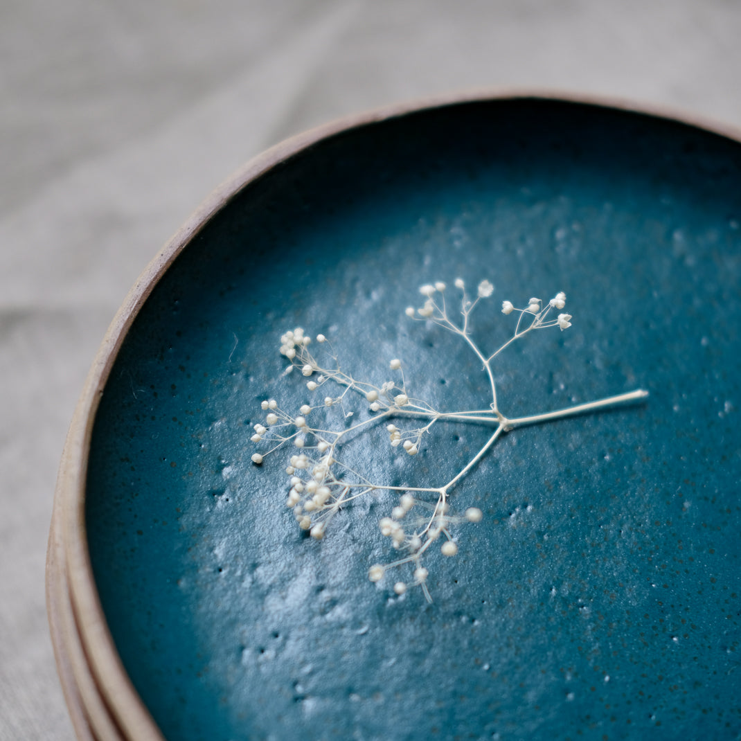 Assiette en grès roux vert bleu réalisé par la céramiste Judith Lasry